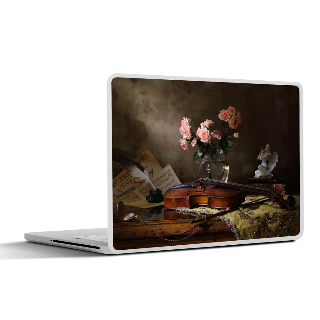 MuchoWow Laptop Aufkleber Sticker Cover Violine - Rosen - Rosa - Blumen - Stilleben 40x30 cm - Laptop Dekoration - Selbstklebend