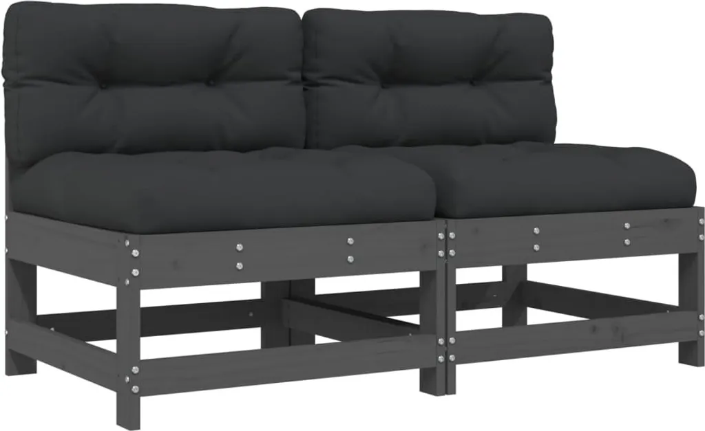 Divano Centrale 2 pz Pino Massiccio Grigio con Cuscini - Arredo Giardino