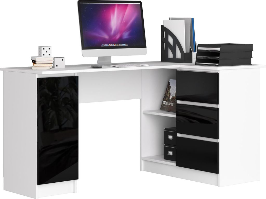 Eckschreibtisch – Büro Eckschreibtisch – Eck Computertisch – 155 cm – Weiß / Schwarz Hochglanz – Großzügiger Arbeitsplatz mit optimal...