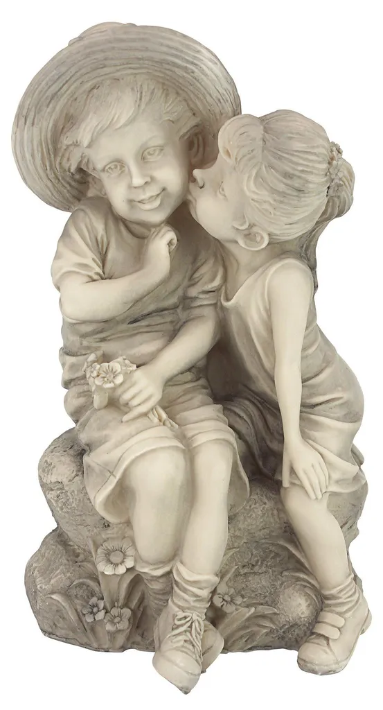 Statuette décorative de jardin couple d'enfants baiser tendre 35,5 cm