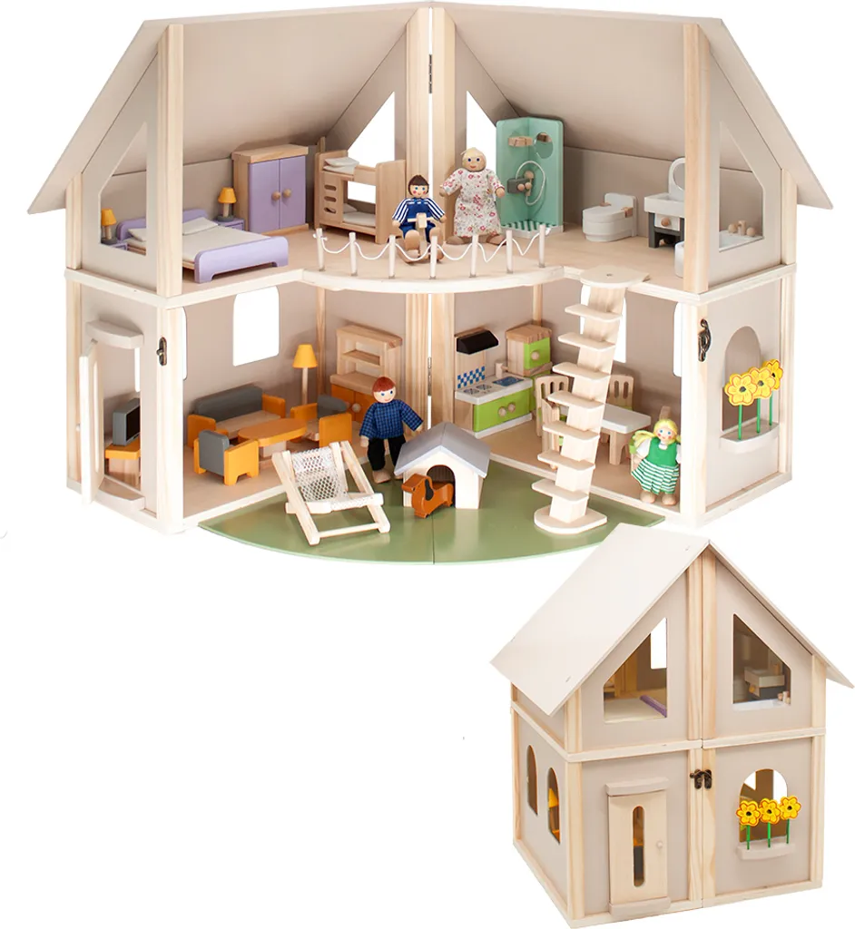 Maison de poupées transportable en bois avec 30 accessoires et 4 poupées