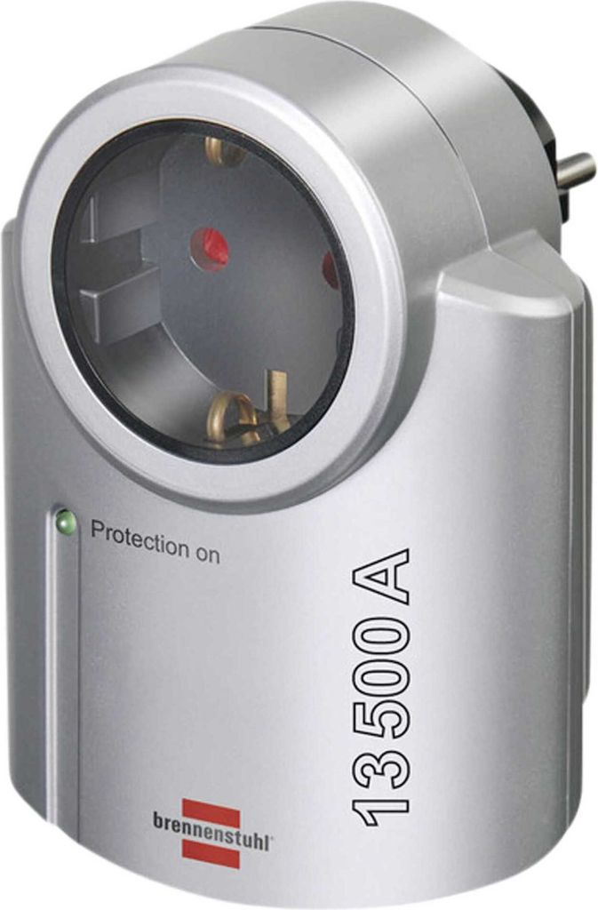 A silver surge protector adapter with a clear window showing the socket and internal components.