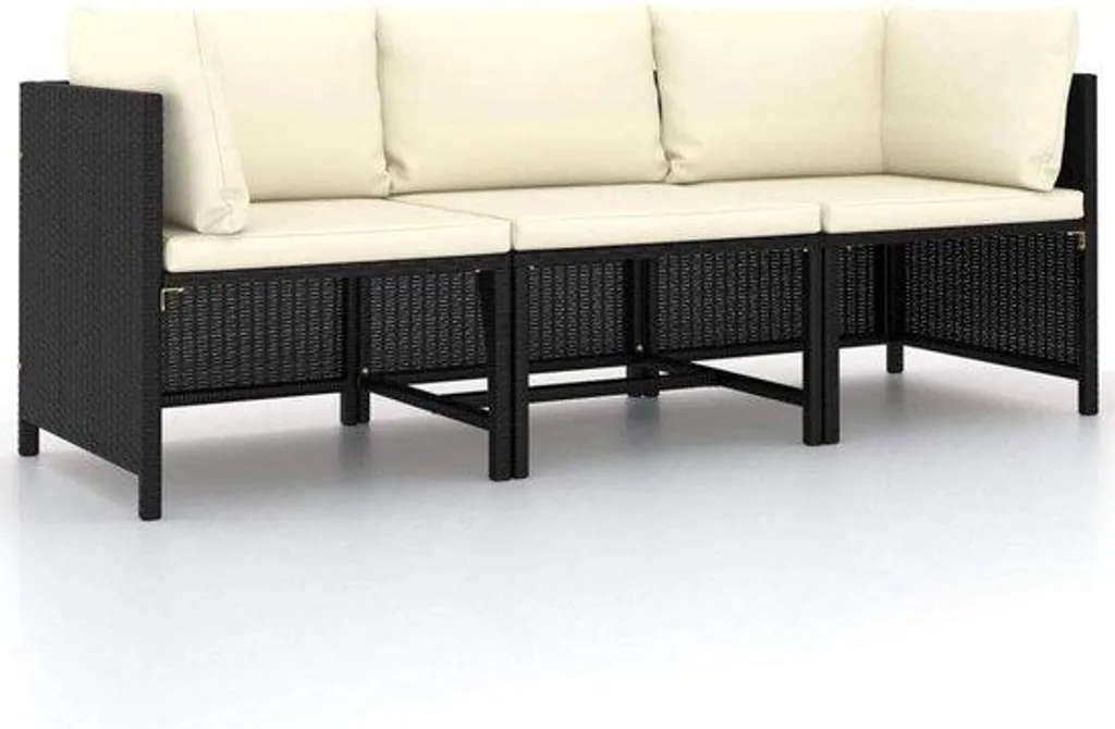 Canapé de jardin en rotin synthétique noir 3 places avec assise douce