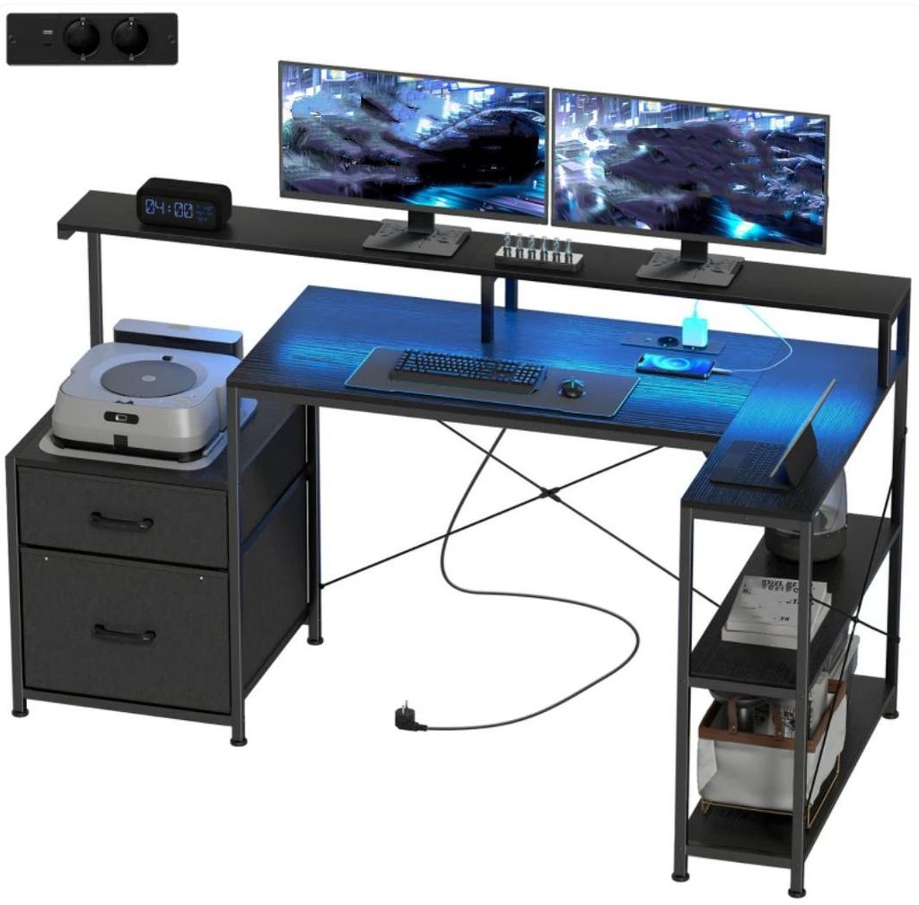 Schreibtisch, Gaming Tisch L-förmiger mit LED & Steckdosen, Bürotisch mit Doppelmonitorständer, 165x80x91,5 cm