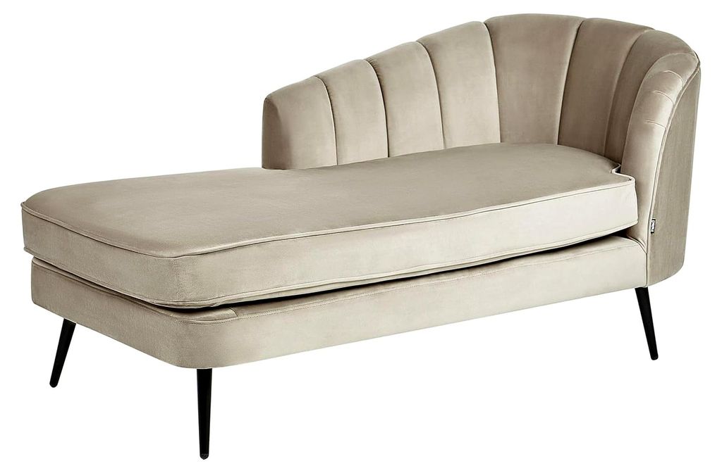 Chaiselongue aus Samt in Beige, links mit Muschelform und schwarzen Metallbeinen