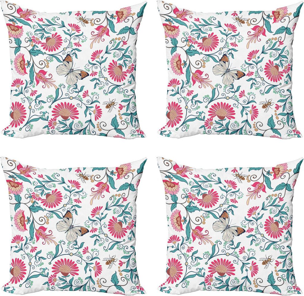 ABAKUHAUS Biene Kissenbezug Set (4 Stück), Vintage Floral Art Insekten, Moderner Doppelseitiger Digitaldruck, 50 cm x 50 cm, Mehrfarbig