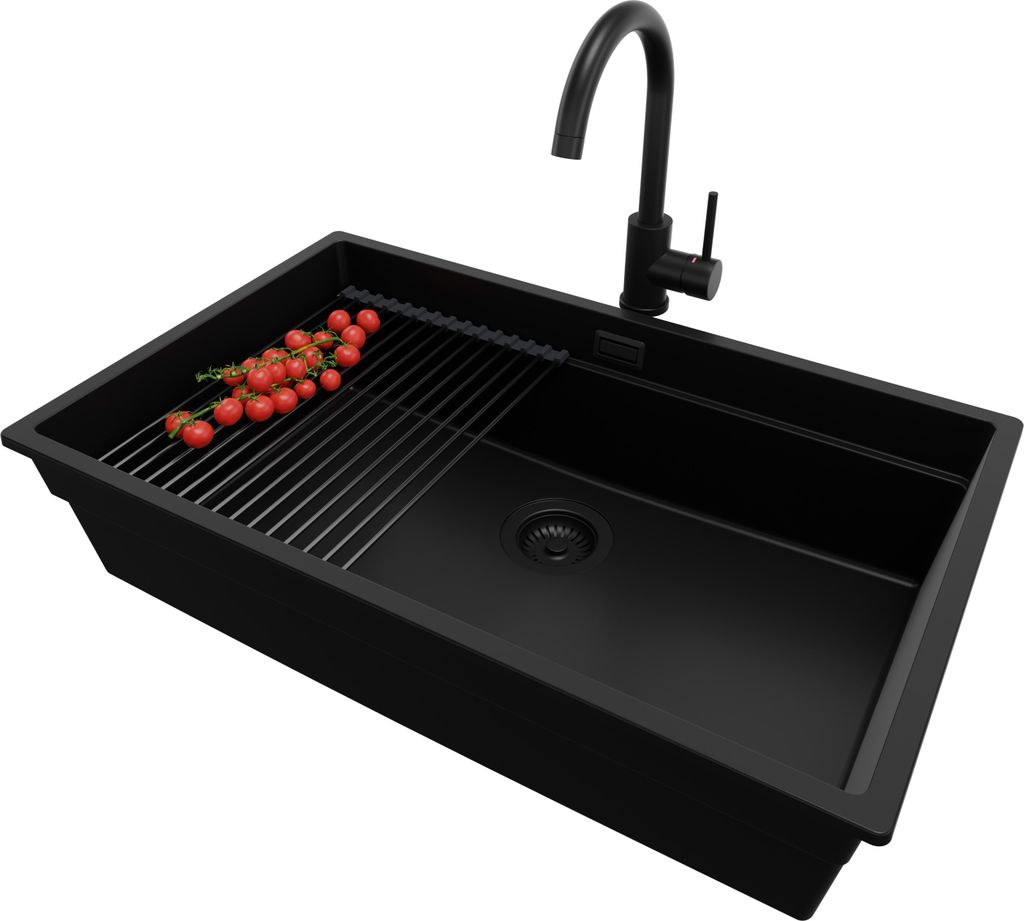 PRIMAGRAN Unterbauspüle Granit Alles Schwarz 76x47cm, Spülbecken 1 Becken + Ablauf-Set + Küchenzubehörset, Granitspüle ab 80er Unterschrank - ...