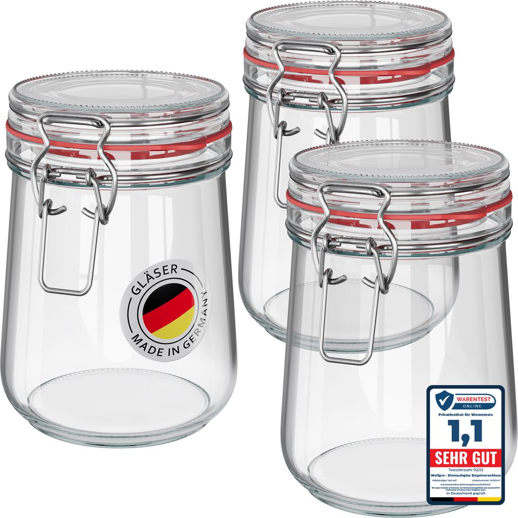 WELLGRO Einmachgläser mit Bügelverschluss rund 800ml - Vorratsgläser