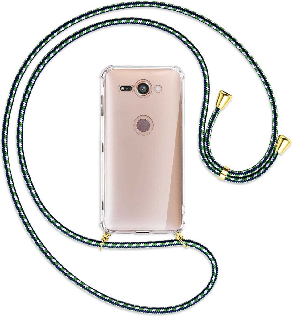 Handykette Backcover-Schutzhülle mit Band (Metall goldfarben) für Sony Xperia XZ2 Compact - grün/blau/weiß
