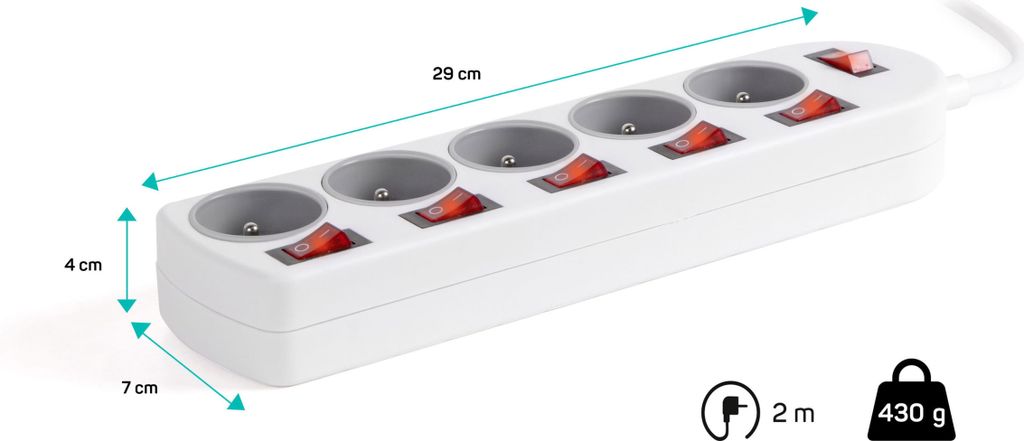CONNECT IT Verlängerung, 5 Steckdosen, 2 m mit Schalter