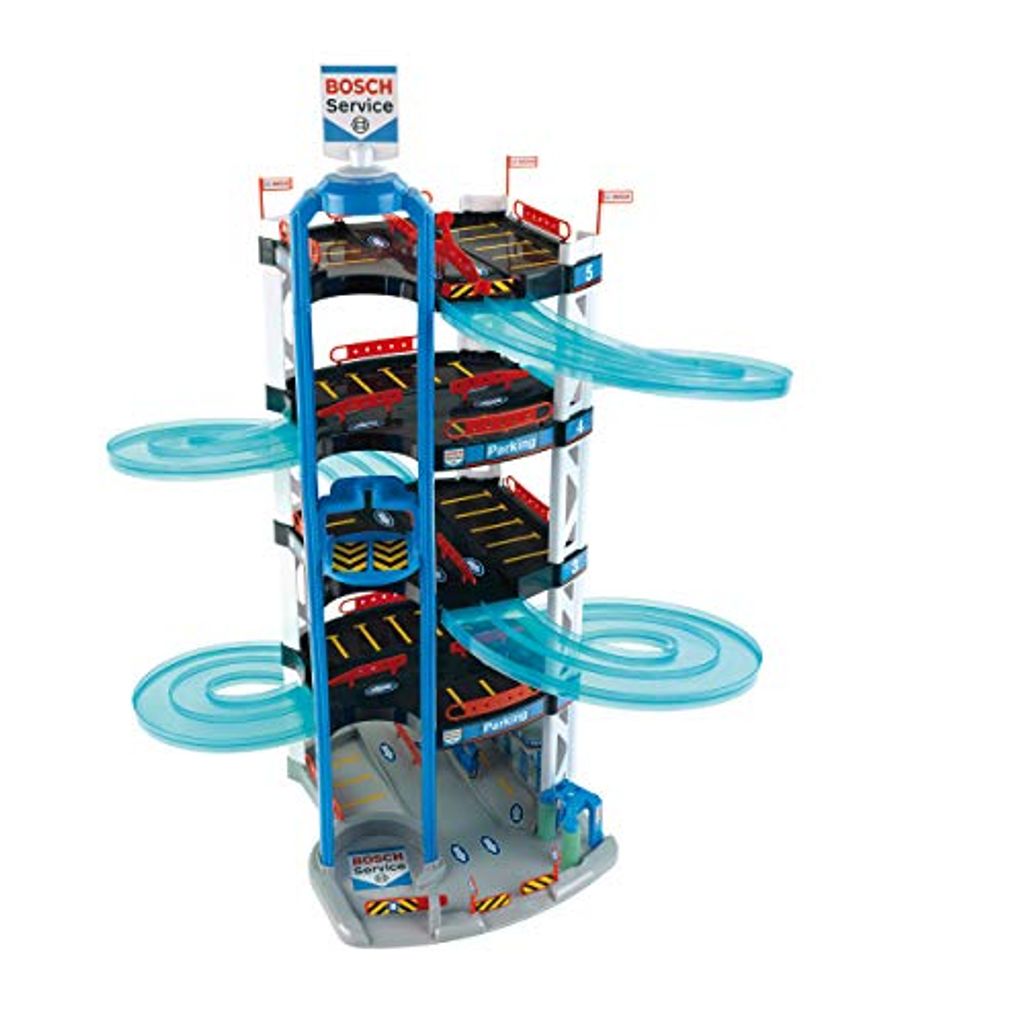 Theo Klein 2813 Bosch Car Service Parkhaus I Mit 5 Ebenen, doppelter Abfahrtrampe, 2 Rennautos, Fahrstuhl und vielem mehr I Maße: 55 cm x 55 cm x ...