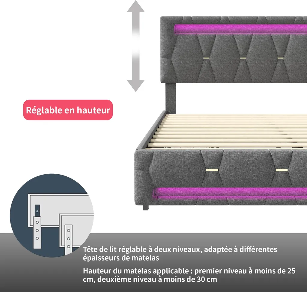 Lit 160x200cm avec 4 tiroirs et LED intégrée - Sommier en lin gris