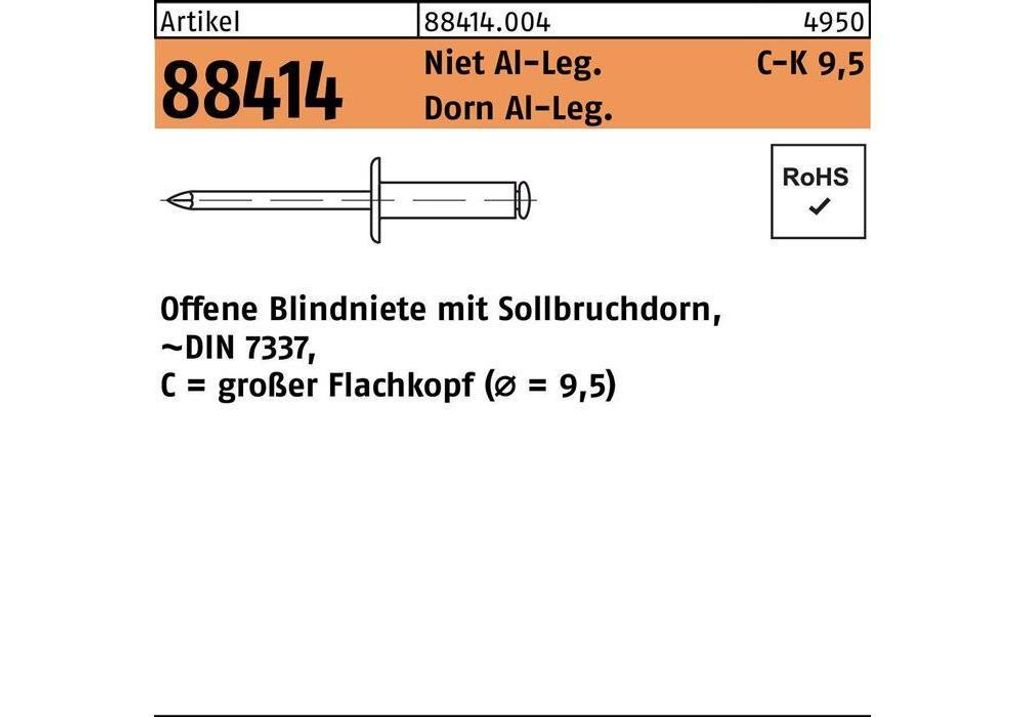 Blindniete R 88414 großer FLAKO 3,2x6,1 Niet Aluminium/Dorn Aluminium 500St.