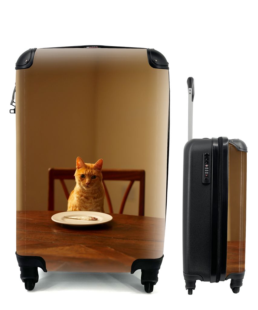 MuchoWow Koffer Handgepäck Trolley Rollkoffer Kleine Reisekoffer mit 4 Rollen - Katze - Esstisch - Teller - Cabin Size < 55x40x23 cm & 55x40x20 ...