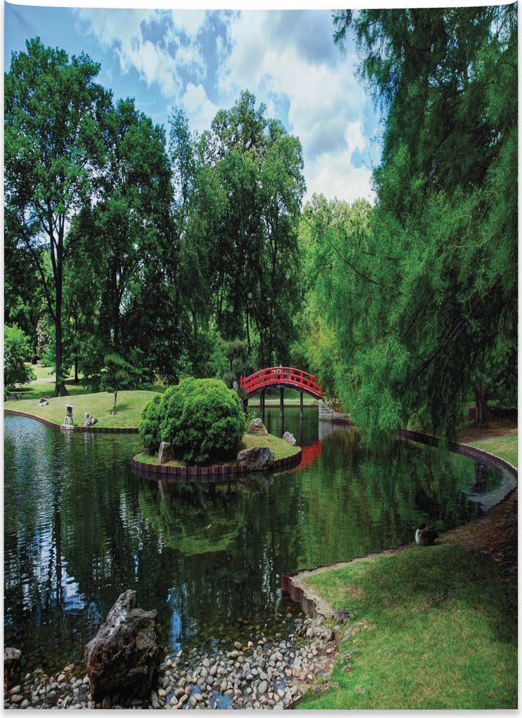 Abakuhaus Natur Wandteppich, Japanischer Garten See aus Weiches Mikrofaser Stoff Kein Verblassen Klare Farben Waschbar, 110 x 150 cm, Grün Blau