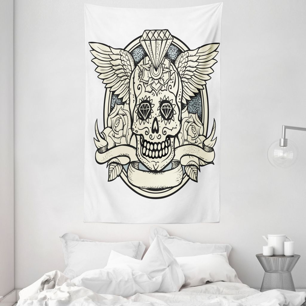 ABAKUHAUS Zuckerschädel Wandteppich und Tagesdecke, Calavera Diamant aus Weiches Mikrofaser Stoff Waschbar ohne Verblassen Digitaldruck, 140 x 230...