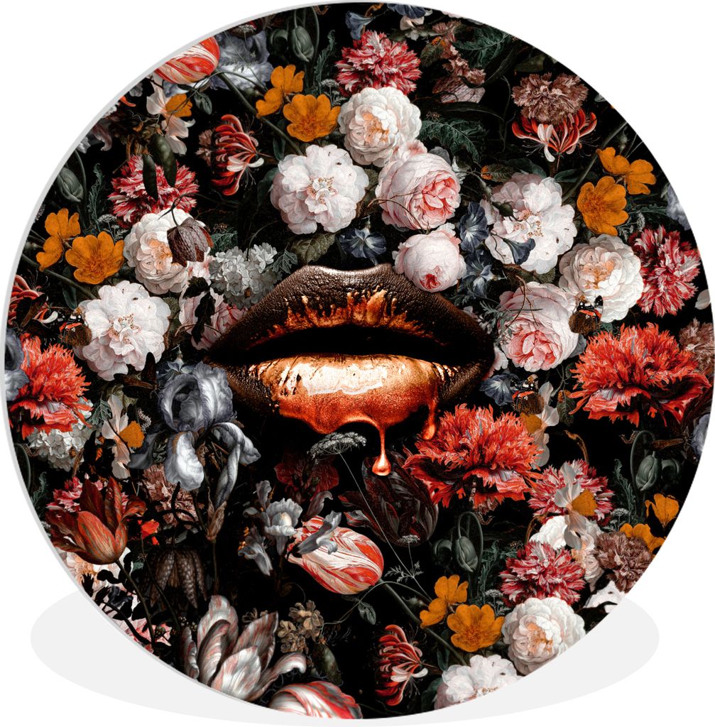 MuchoWow Rundes Wandbild - Runde Bilder Lippen - Blumen - Farbe - Orange - Kunst - Abstrakt - Alte Meister Ø 90 cm Kreis Wanddekoration Kunststo...