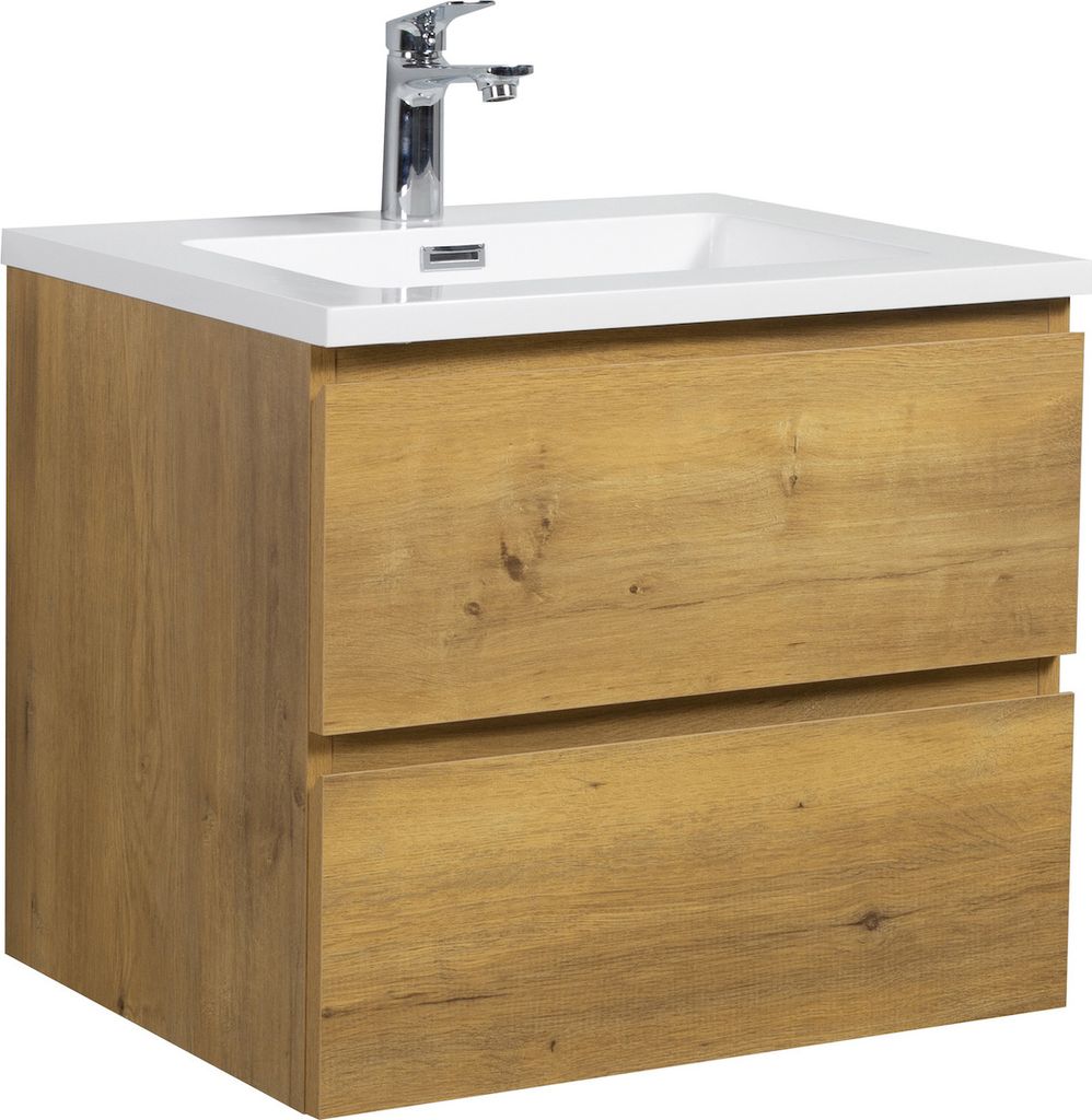 Badplaats Badmöbel Set mit Waschbecken und Unterschrank Angela 60 x 48 cm Eiche - Waschbeckenunterschrank mit Soft-Close und Waschbecken, Vorgemon...