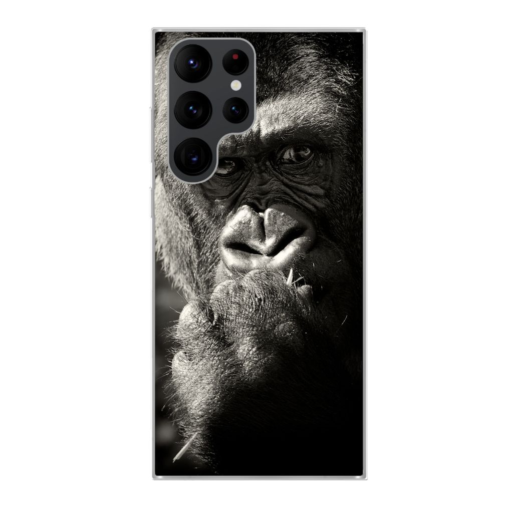 MuchoWow Handyhülle Schutzhülle Hülle für Samsung Galaxy S22 Ultra Gorilla auf schwarzem Hintergrund in Schwarz und Weiß Silikon Softcase Ha...