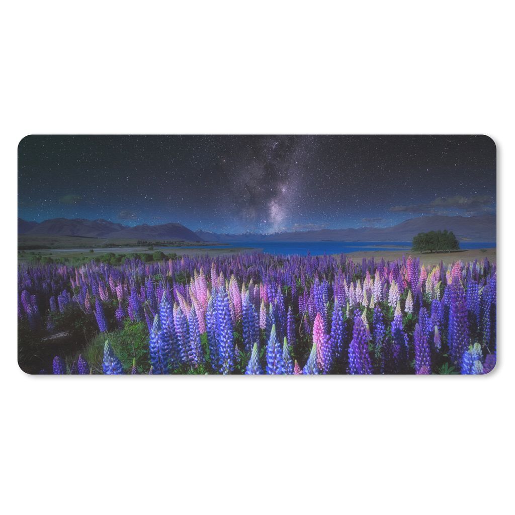 MuchoWow Mauspad Mousepad Blumen - Nacht - Lupine - Sternenhimmel - Lila - Natur 60x30 cm - Mousepads - Maus Mat - Pad - Mausunterlage - Nachhaltig