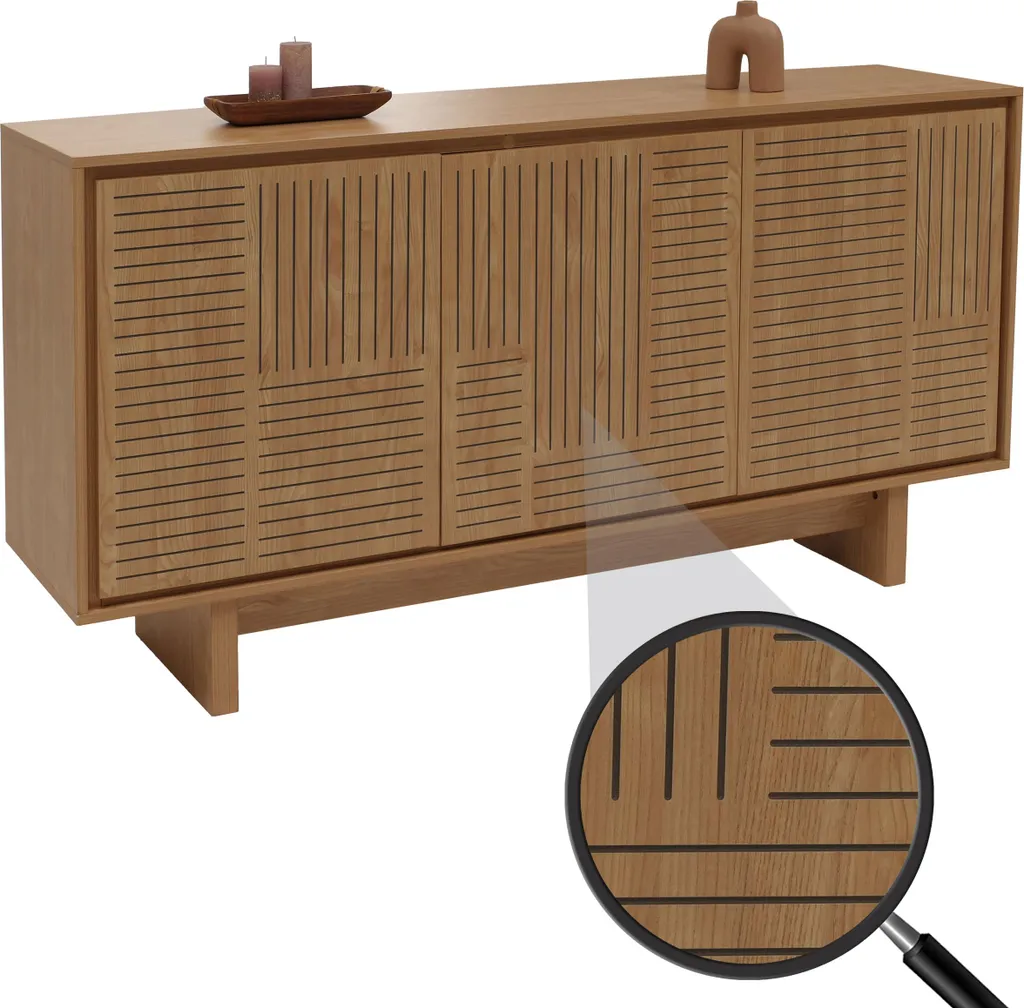 Armoire Highboard 3 Portes en Orme Naturel - Rangement Mélamine 160cm