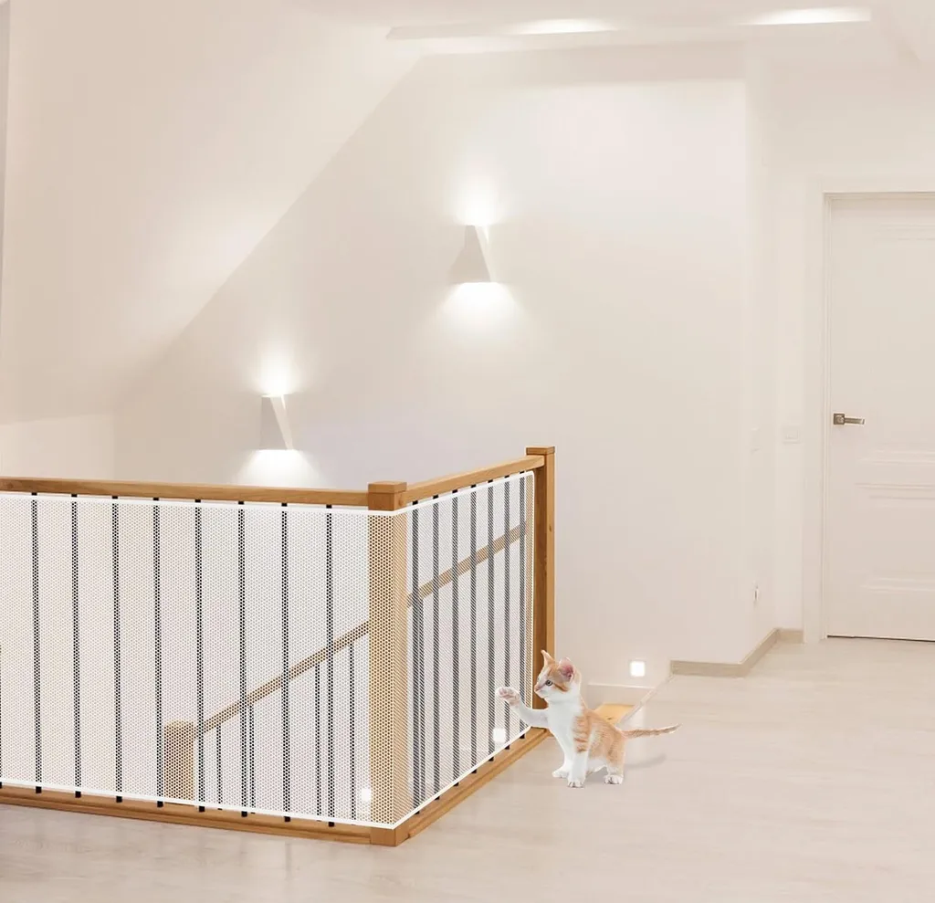 JNGLGO Rete di sicurezza per bambini, rete di sicurezza per scale di balconi per bambini, 200Lx90H cm Rete di sicurezza per scale rialzata e durevole Rete di protezione per scale di ringhiera per bambini, animali domestici, bianco, nero - 6