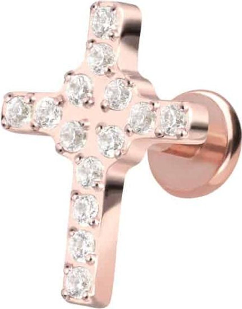 Ohrpiercing, Nasenpiercing Titan Labret mit Push Fit KRISTALLKREUZ RoséGold Stablänge: 6mm | Stabstärke: 1mm