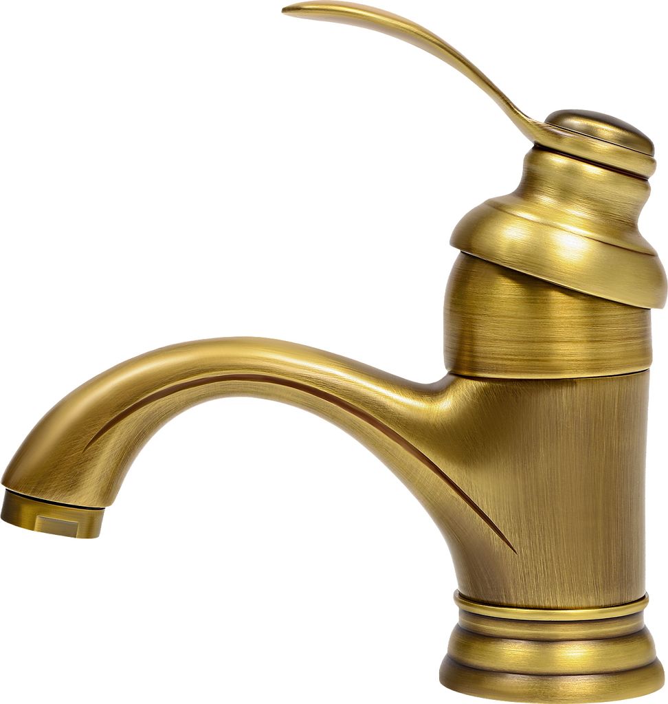 A close-up studio shot of a single antique brass faucet against a white background.