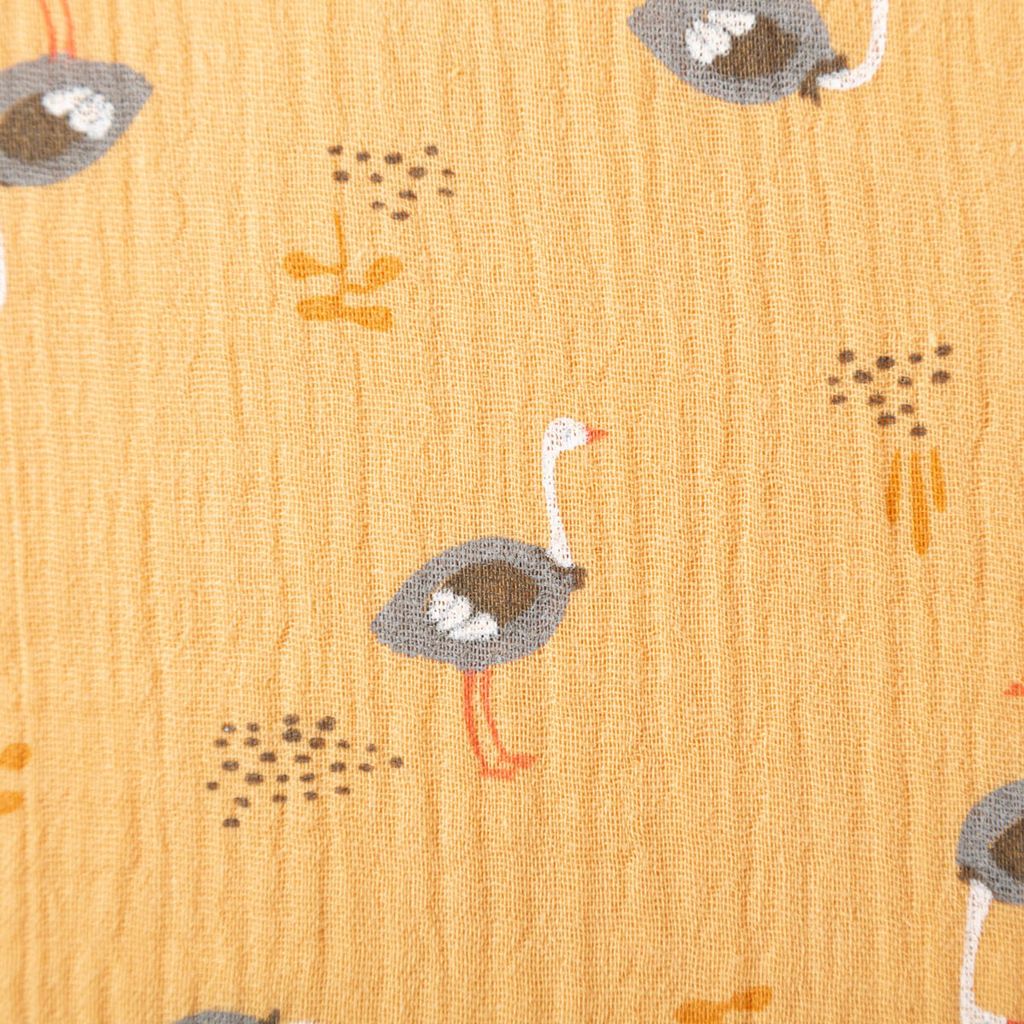 Musselin Stoff Double Gauze Vogel Strauß ocker gelb grau 1,30m Breite