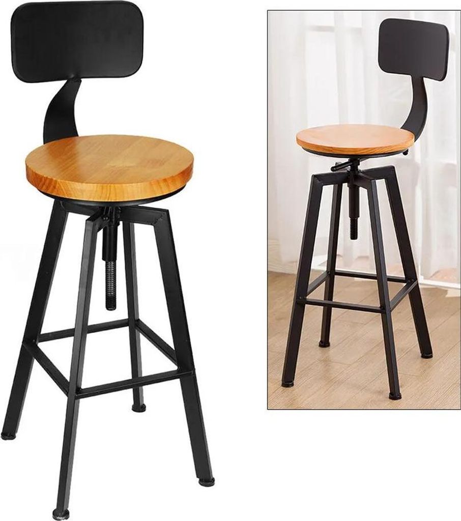 Barhocker - 2er Set - Höhenverstellbar - Drehbare Sitzflächen - Holz & Eisen - Ergonomisches Design - Für Küche & Café - Schwarz