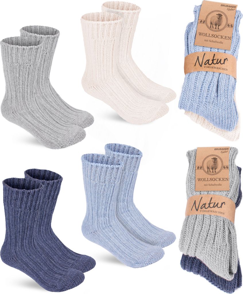 BRUBAKER 4 Paar Wollsocken - Warme Wintersocken für Damen und Herren - Winter Socken, Dunkelblau Grau Blau und Beige, Größe 35-38