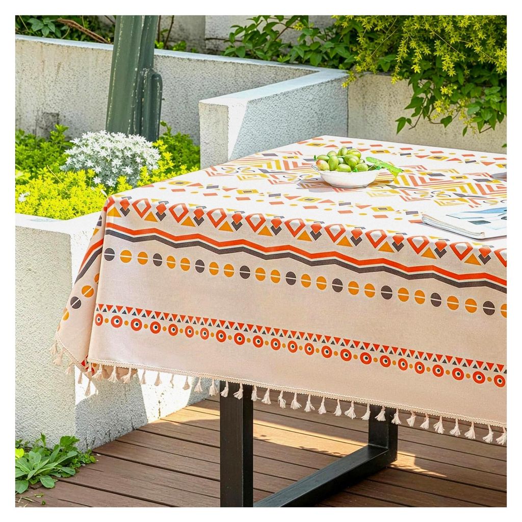 Abwischbare Outdoor-Tischdecke, 140 x 260 cm rechteckig, wasserdicht mit Quasten, für Garten und Balkon, bunt, 1 Stück