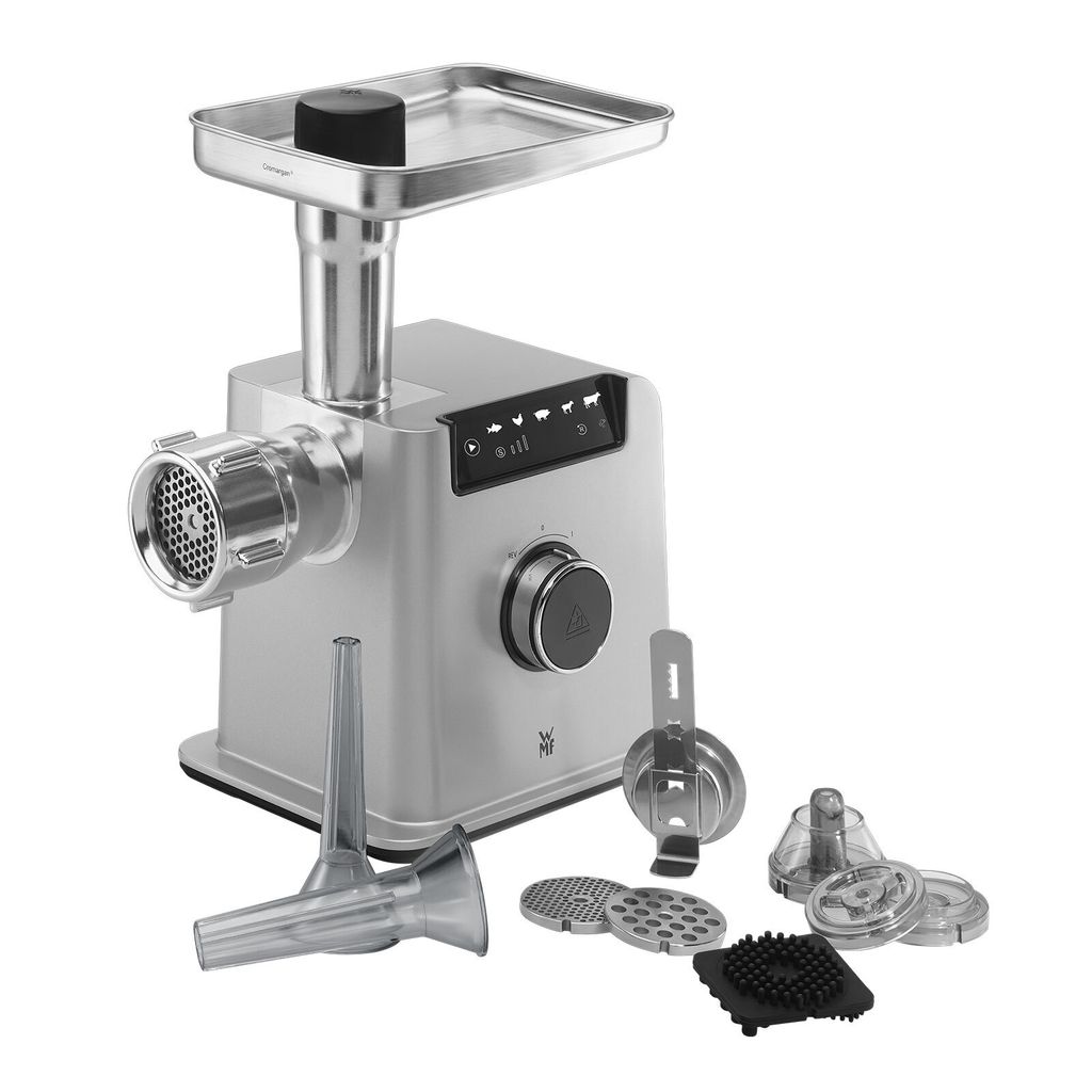 WMF Profi Plus Fleischwolf elektrisch, Wurstfüllmaschine, Rücklauf, 3 Lochscheiben, Kebbe- und Spritzgebäck-Aufsatz, 2200W Blockierleistung, 350W
