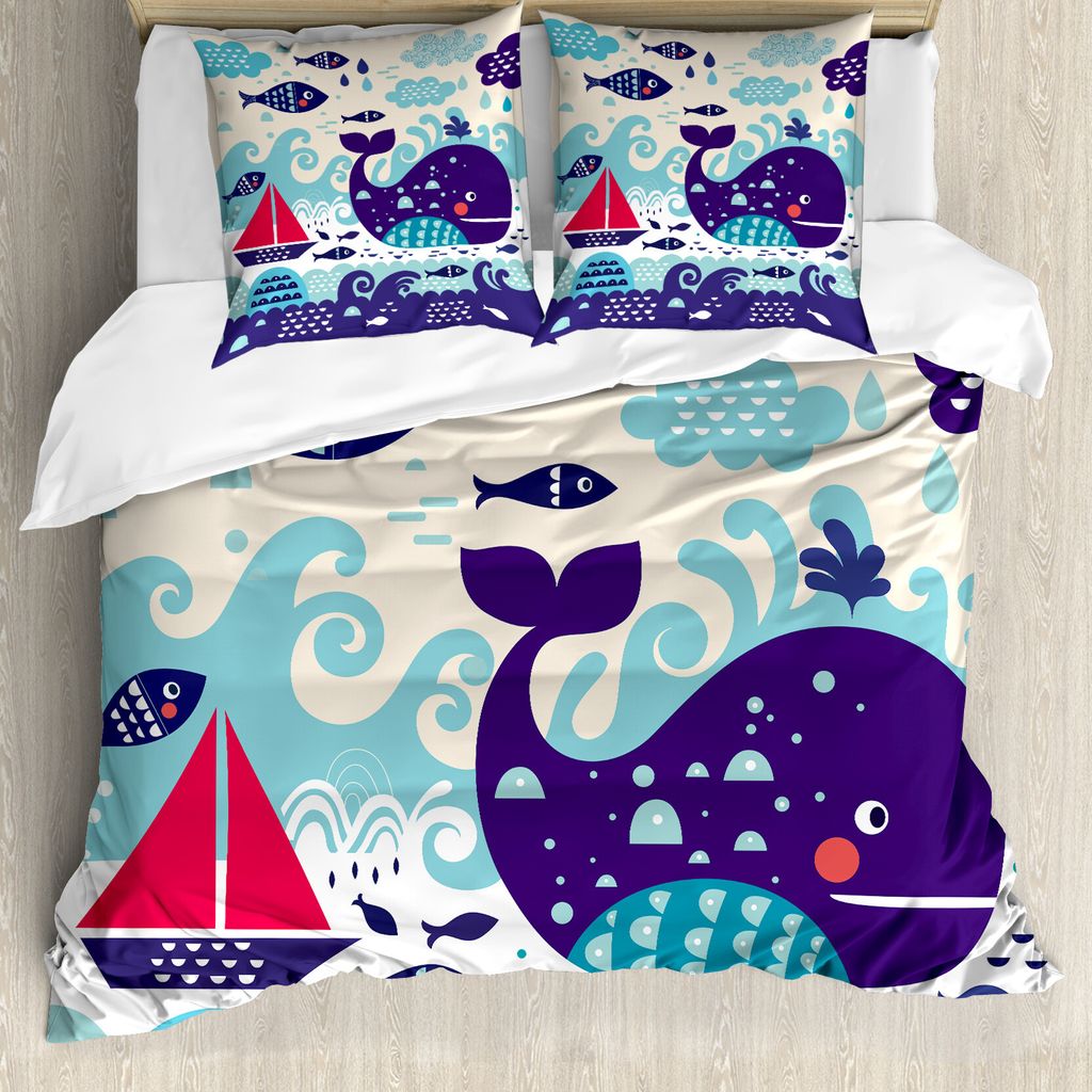 ABAKUHAUS Walfisch Bettbezugs Set Für Doppelbetten, Fische Segelboot Cartoon, Milbensicher Allergiker geeignet mit Kissenbezügen, Indigo Pink Gra...