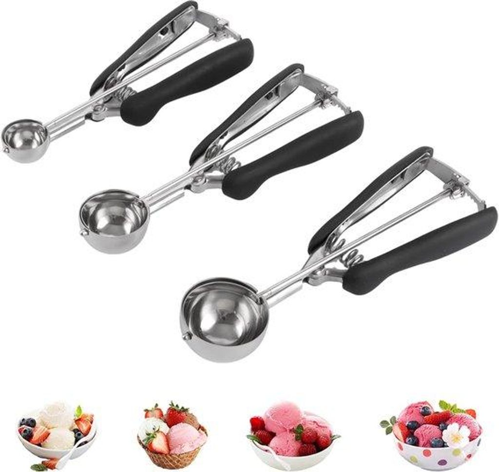 RVS Eisstecher, 3 Stücke, Maße small 3cm, medium 4cm & large 5cm, Eisstecher mit Hebel, für Eisbälle, Kartoffelpüree, Backen