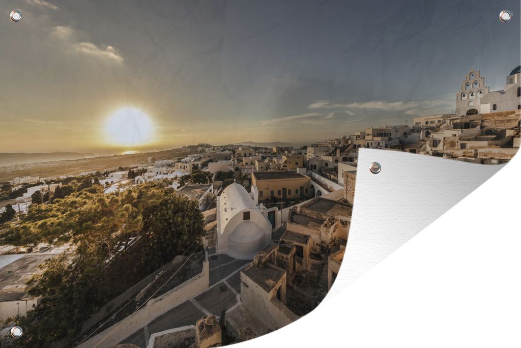 MuchoWow 60x40 cm Outdoor-Poster Gartendeko Sichtschutz Garten Poster für den Garten Sonnenuntergang über Pyrgos Santorini