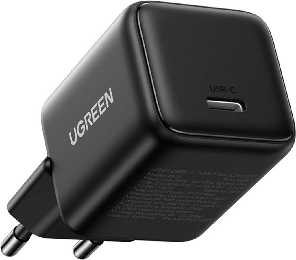 A black UGREEN USB-C GAN fast charger is shown from a diagonal angle.