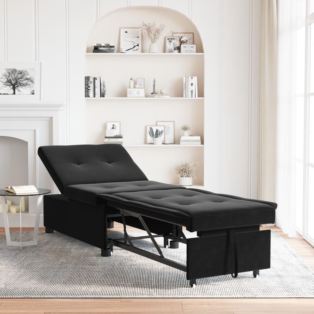 Sofa Bett 3-in-1 Ausziehbarer Schwarzer Samt, Design Möbel Schlafsofas Neu
