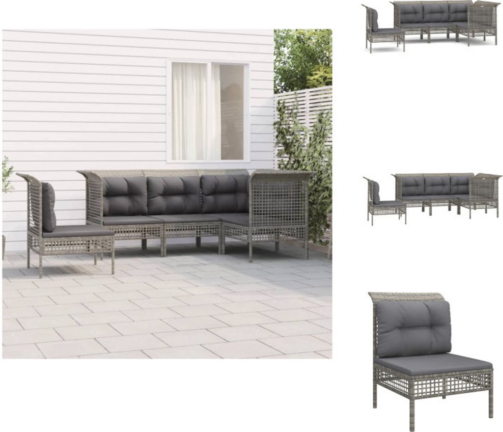 vidaXL 5-tlg. Garten-Lounge-Set mit Kissen Grau Poly Rattan - Gartenmöbel-Sets