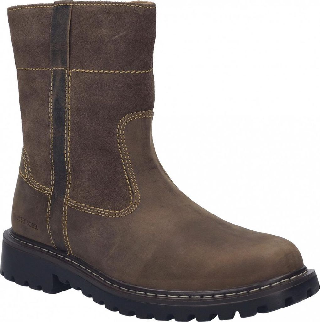A single brown leather boot is shown against a white background.