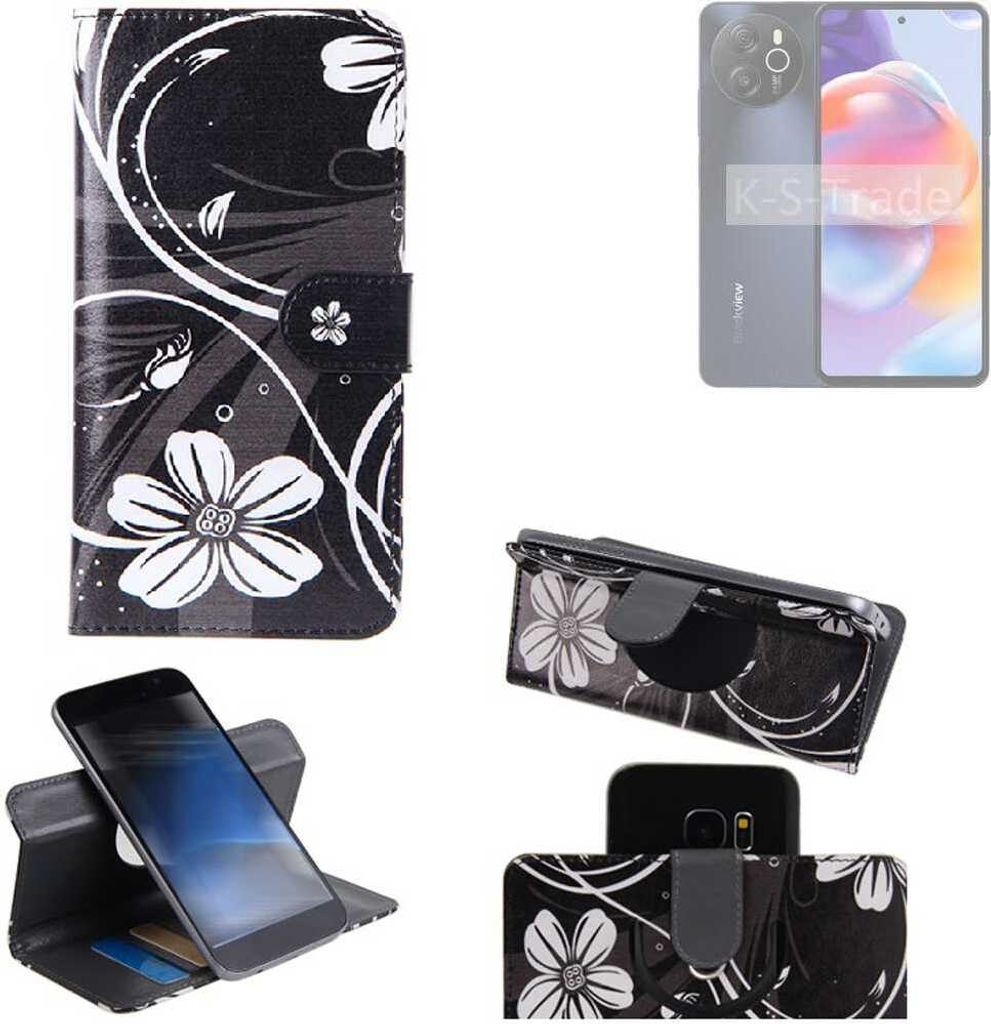 K-S-Trade Schutzhülle Handyhülle kompatibel mit Blackview Shark 8 Hülle 360° Wallet Case “Flowers“ Klapphülle Hülle schwarz-weiß 1x