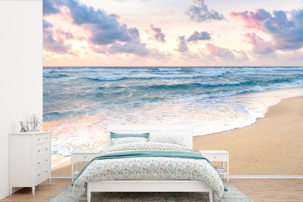 MuchoWow Fototapete für Wohnzimmer oder Schlafzimmer Wandtapete Vinyl Motivtapete Strand - Wolken - Pastell - 450x300 cm - Gemusterte
