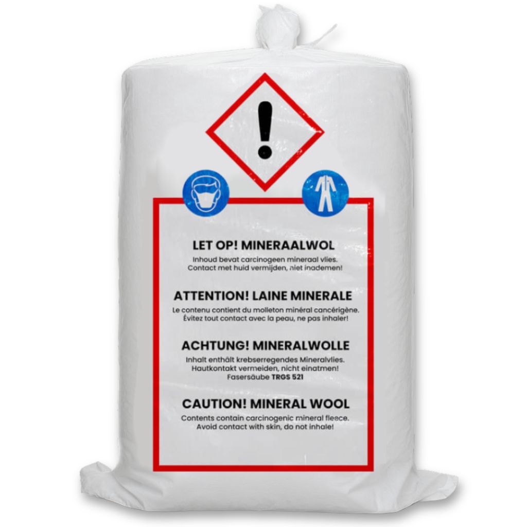 A white bag with warning labels and text in multiple languages.