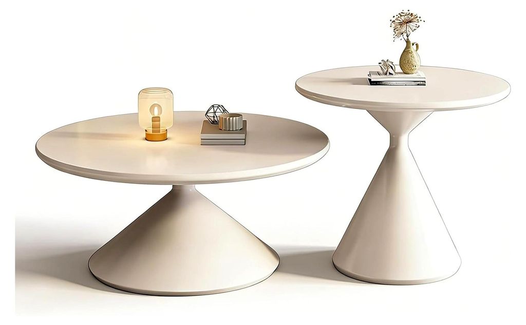 2 kleine runde Couchtische, moderne Massivholz-Couchtische für das Wohnzimmer, Set im Landhausstil mit Beistelltisch und Metallrahmen (Weiß, 70+5...