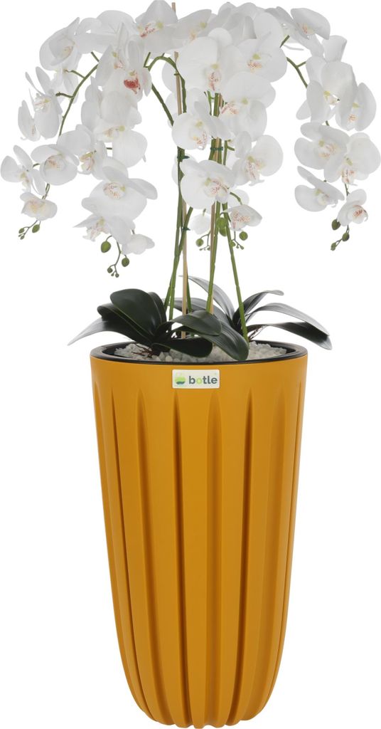 Künstliche Orchidee Weiß Kaskaden Blumenstrauß im Topf mit Rillen Gelb, H 100 cm, gummierte Blumen, 5 Triebe Dekoration Schön Stilvoll Für Zuh...