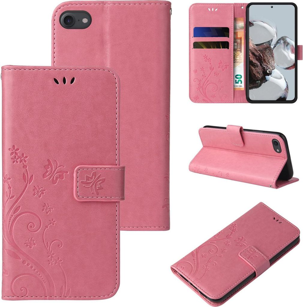 Handyhülle für Apple iPhone 7 / 8 / SE 2020 Floral Blumen Schmetterling Flip Cover Hülle Case Klapphülle Handytasche Farbe: Rosegold