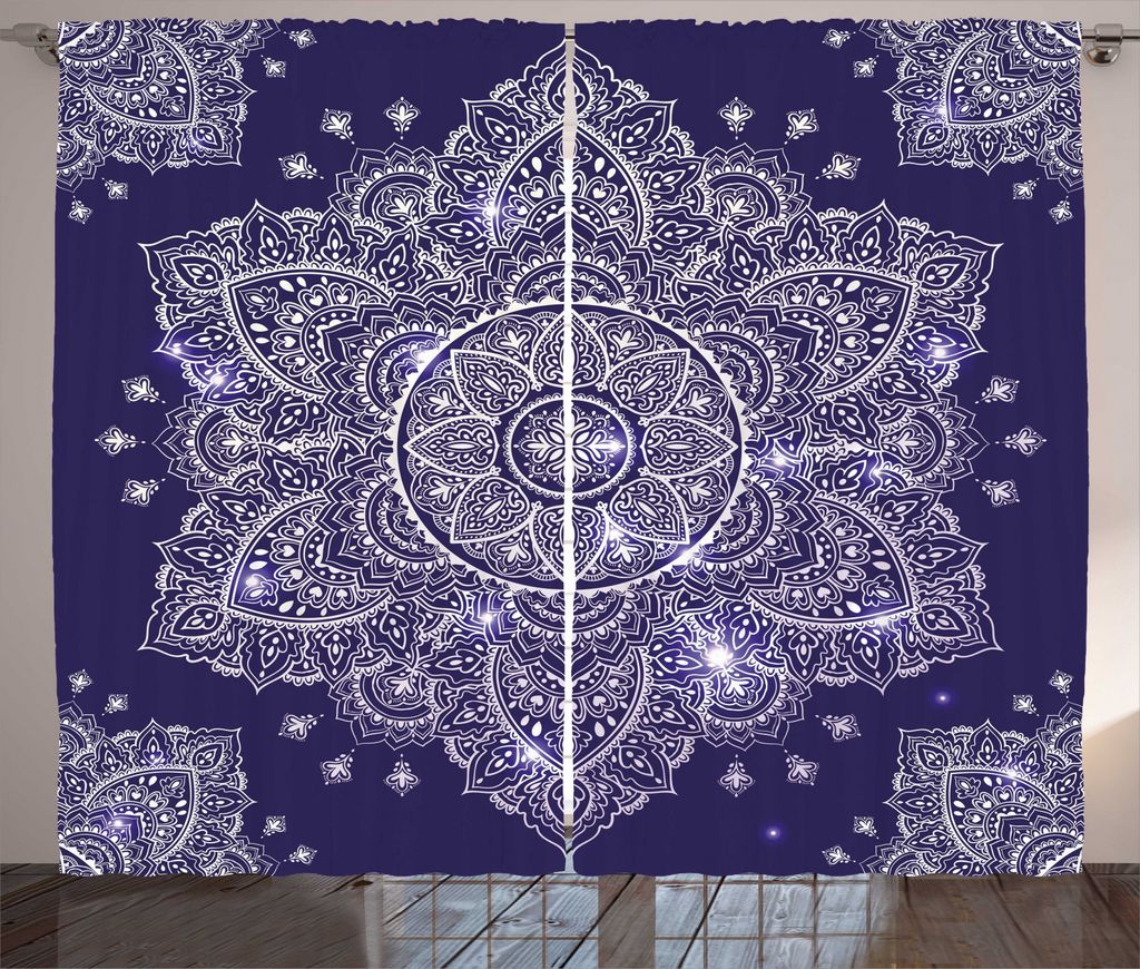 ABAKUHAUS Ethnisch Rustikaler Vorhang, Floral Round Retro Ornament, Wohnzimmer Universalband Gardinen mit Schlaufen und Haken, 280 x 245 cm, Lavend...