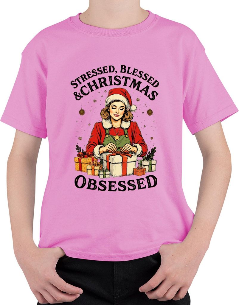 Stressed Blessed Christmas Obsessed Weihnachten Geschenk Vintage Uni Kinder T-Shirt, Pink, 140