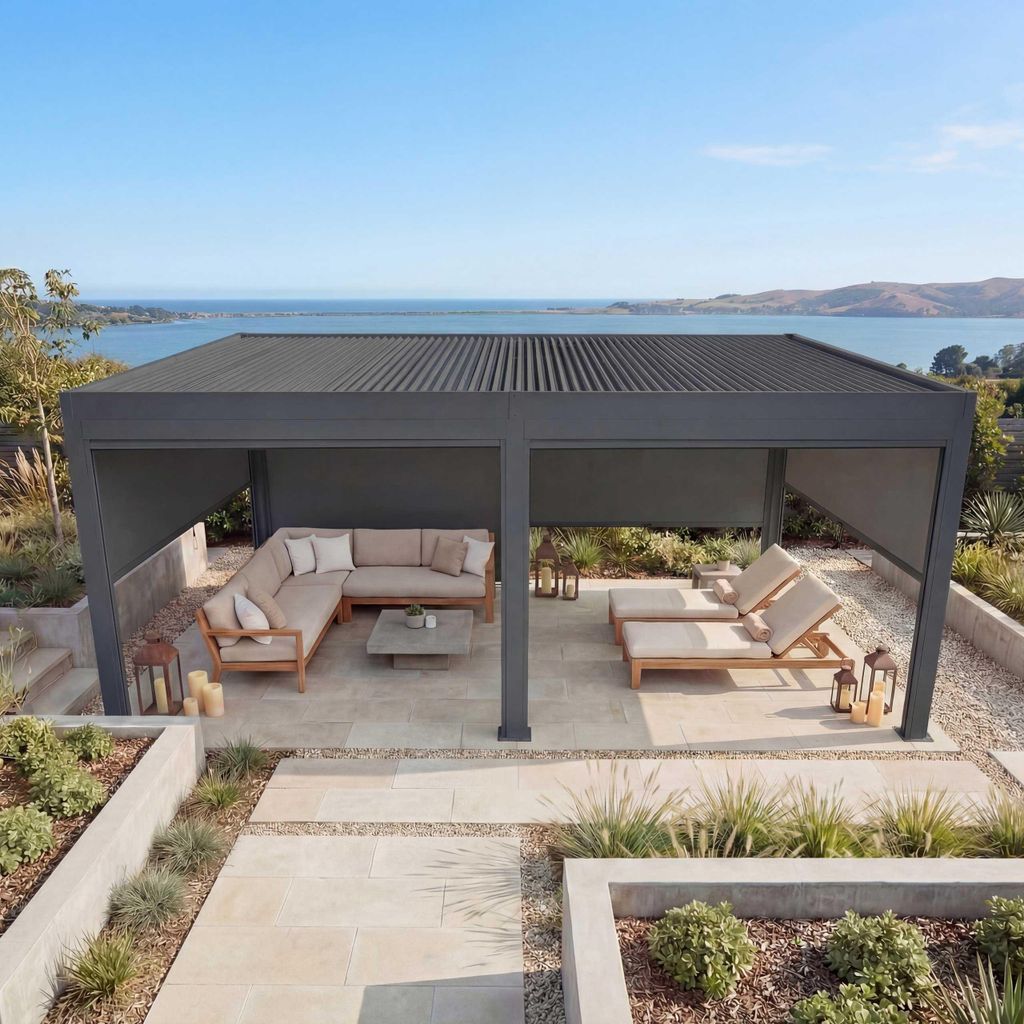 Pergola MCW-L46 mit 6x Seitenwand, Gartenpavillon Lamellen-Pavillon Rollo, 11cm-Alu-Gestell, sturmfest 3x6m anthrazit