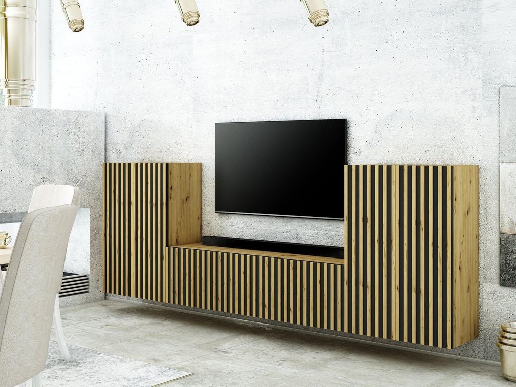 MONCLERO GF1 | Wohnwand TREND 17 Eiche Artisan – Wohnzimmer Möbel Set Loft mit Lamellen Hängend